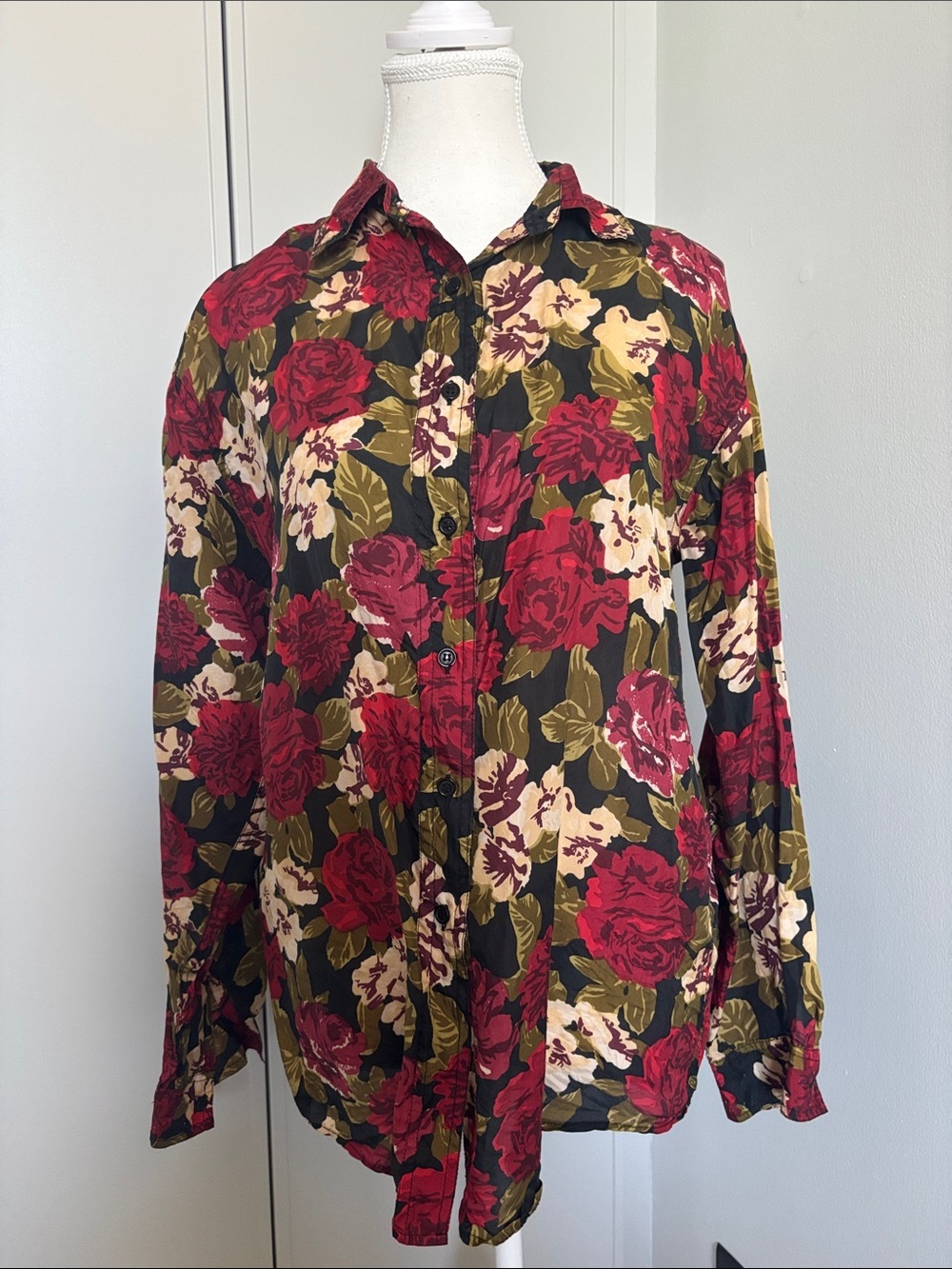 Silk Floral Button-Up Blouse in Burgundy, Olive & Cream
